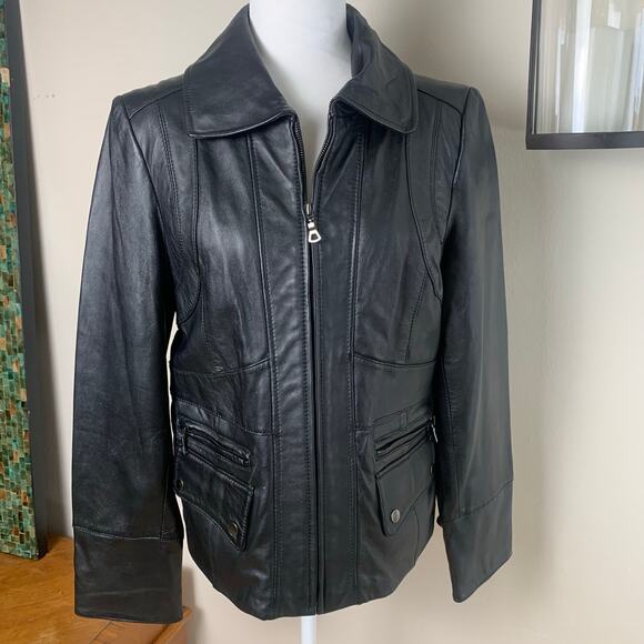 NEW A.n.a Sz L Genuine Buttery Soft Lambskin Leather Moto Jacket Black Full Zip - Picture 1 of 13